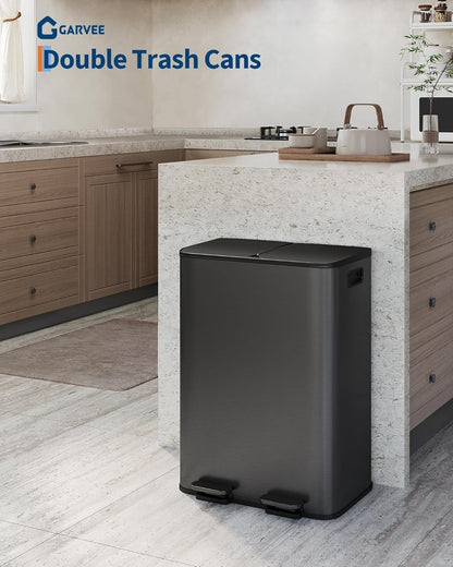 GarveeHome 2 x 8 Gallon Stainless Steel Double Trash Can with Lid for Kitchen, Large Dual Trash and Recycle Bin Combo, Step-on Kitchen Metal Garbage Cans, PP Inner Buckets, Liner Rim, Matte Black
