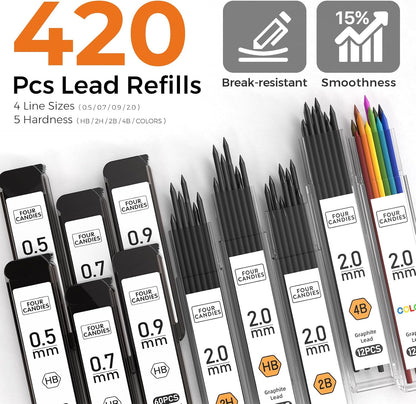 Four Candies Metal Mechanical Pencil Set, 3PCS Art Drafting Pencils 0.5, 0.7, 0.9MM & 2PCS 2MM Mechanical Drawing Pencils with 420PCS Leads (4B 2B HB 2H Color) for Writing Sketching Drawing (Black)
