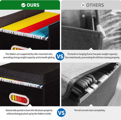 2 Pack Hanging File Folders Organizer with Lid, Letter Size Fabric File Storage Box Collapsible, Portable Office Document Holder with Metal Handle, Smooth PVC Rails, Black