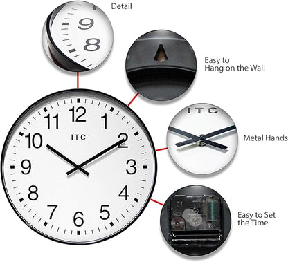 Infinity Instruments 19 inch Large Round Non-Ticking Silent Battery Operated Easy to Read Clock for Office, Classroom, School, Black