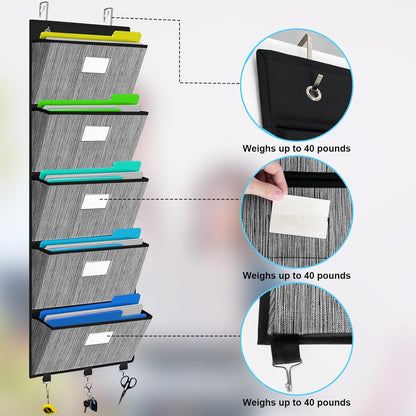 homyfort Over the Door File Organizer, Hanging File Folders Wall Organizer with 5 Large Pocket for Papers, Charts, Mails, Magazine, Office (Black)