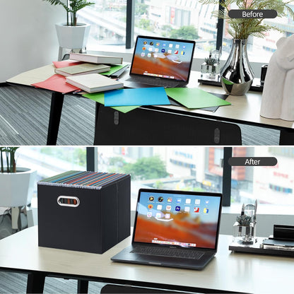 Oterri File Organizer, 2 Packs Large Storage Box, Cardboard File Folder Organizer, Collapsible File Box for Hanging File Folders Letter Size, Portable Filing Organizer with Handle (Black)