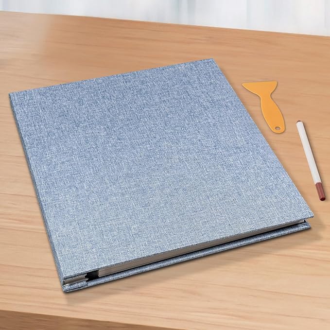Photo Album Scrapbook – Holds 4x6, 5x7 & 8x10 Pictures – Self-Adhesive Pages for Baby, Wedding, Travel & Family Memories | Includes Metallic Pen & Scraper/Light Blue Large DIY Memory Book for Gifts