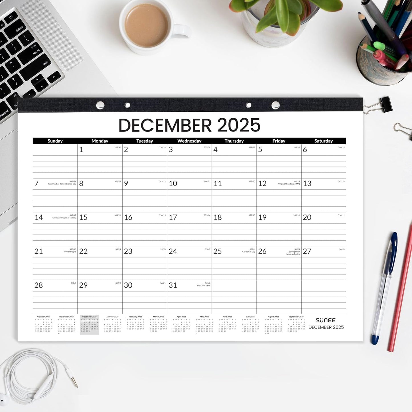 SUNEE Desk Calendar 2025-2026, 18 Months from Oct. 2025 to Mar. 2027, 17"x12" Academic 2026 Calendar for Home, School, or Office Desk Top Organizing, Black Monthy Calendar 2026