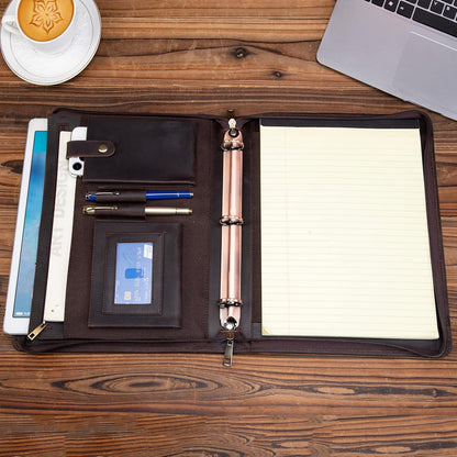 Professional Leather Business Padfolio Portfolio Case, 3 Ring Binder,Zippered Business Document Organizer Tablet Holder Folder Case,with Letter Size Notepad (Dark Brown)