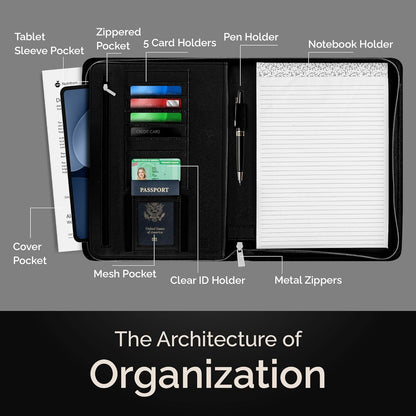 Customized Black Zippered Portfolio Binder - Engraved PU Leather Business Portfolio Organizer - Padfolio for Men & Women with US Letter Notepad, 10.5 Inch Tablet Pocket & Gift Box by Lautus Designs