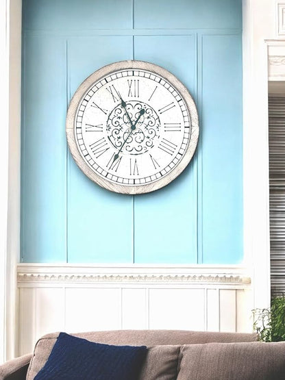 Large Decorative Vintage Worn Wall Clock - Big Farmhouse, Rustic, Coastal Decor - 25 inches for Living Room or Bedroom - Battery Operated