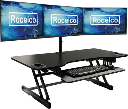 Rocelco 45" Height Adjustable Standing Desk Converter with Triple Monitor Mount and Slide Out Retractable Keyboard Tray - Sit Stand Up Three Screen Tabletop Riser Workstation - Black (R ADRB-45-DM3)