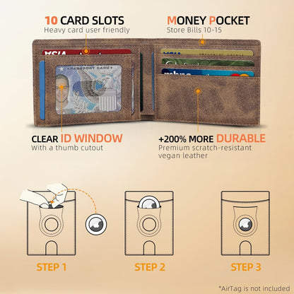 RUNBOX AirTag-Wallet-Mens-Slim-RFID Blocking Wallets Leather with Bill Compartment Air Tag Bifold Card Holder Wallet Gifts for Men Dad