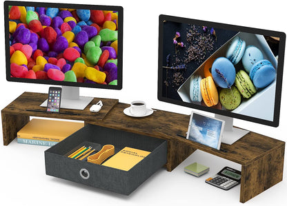 WESTREE Dual Monitor Stand Riser with Drawer, 3 Shelf Computer Monitor Riser with Adjustable Length and Angle, Desktop Monitor Stand Riser Storage Organizer for 2 Monitors