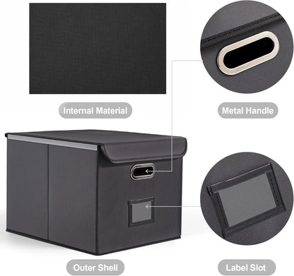 File Organizer Box, Linen Filing Organizer with Lid, Large Desktop File Boxes,Dark Grey,2 Pack