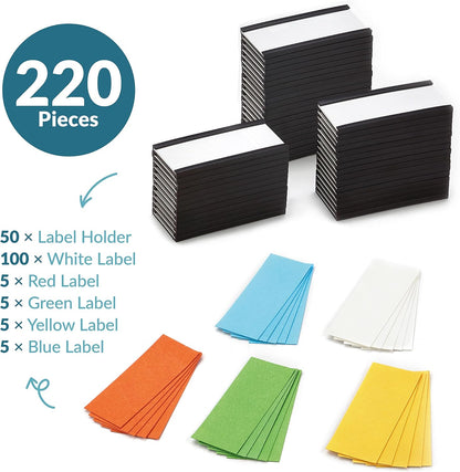 50 Pack"C" Channel Magnetic Label Holders 1x2 with 100 White Card Inserts, 50 Clear Plastic Protectors and Bonus 20 Colorful Cardstock Inserts in Blue, Green, Yellow and Red - Double-Sided Cards