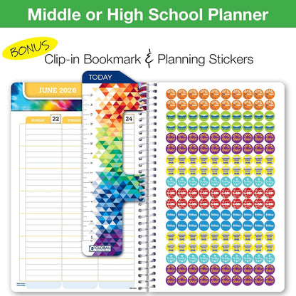 Global Datebooks Dated Middle School or High School Student Planner for Academic Year 2025-2026 Includes Ruler/Bookmark and Planning Stickers (Matrix Style - 5.5"x8.5" - Retro)