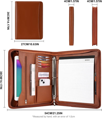 Leathario Portfolio Binder, Includes 10 Sheet Protectors and 3 Notepads, 3-Ring Folder Organizer, A4 Padfolio with Zipper, Vegan Leather Tablet Sleeve, Business Office Conference Clipboards