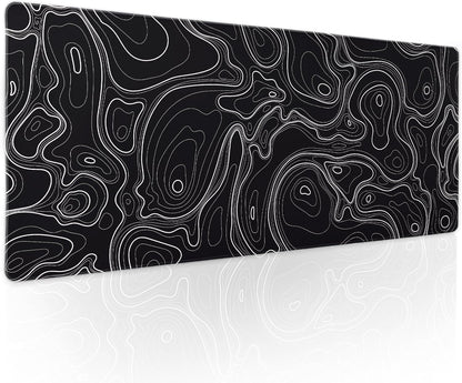 Topographic Map Black Gaming Mouse Pad XL Minimalist Topo Geographic White Lines Extended Large Mat Mousepad Desk Pad Non-Slip Rubber Base Stitched Edge Long Keyboard Pad for Computer,31.5×11.8 in