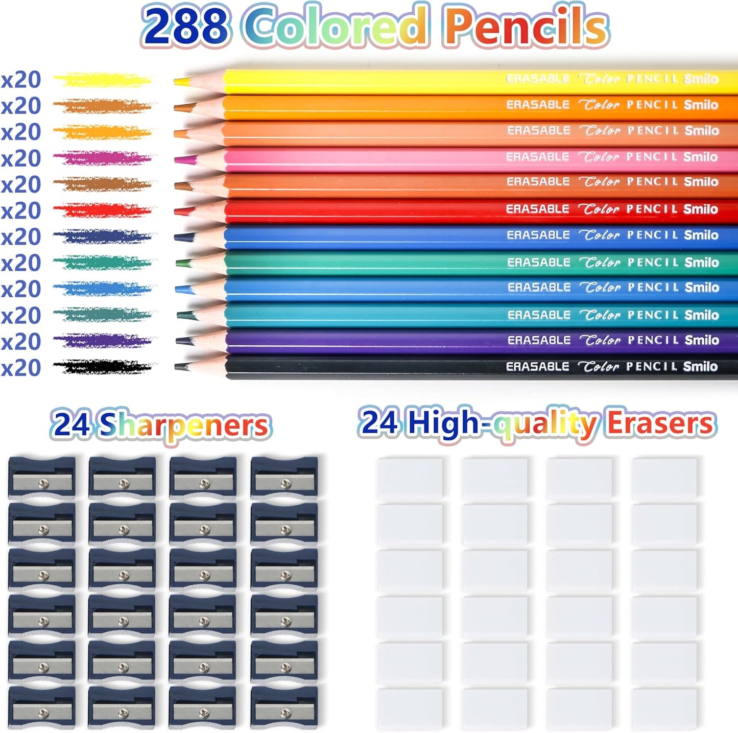 Smilo 336-Pack Erasable Colored Pencils Set - 288 Pre-Sharpened Pencils Bulk (12 Colors) + 24 Sharpeners & 24 Erasers - Back to School Supplies for Classroom, Teachers, Students