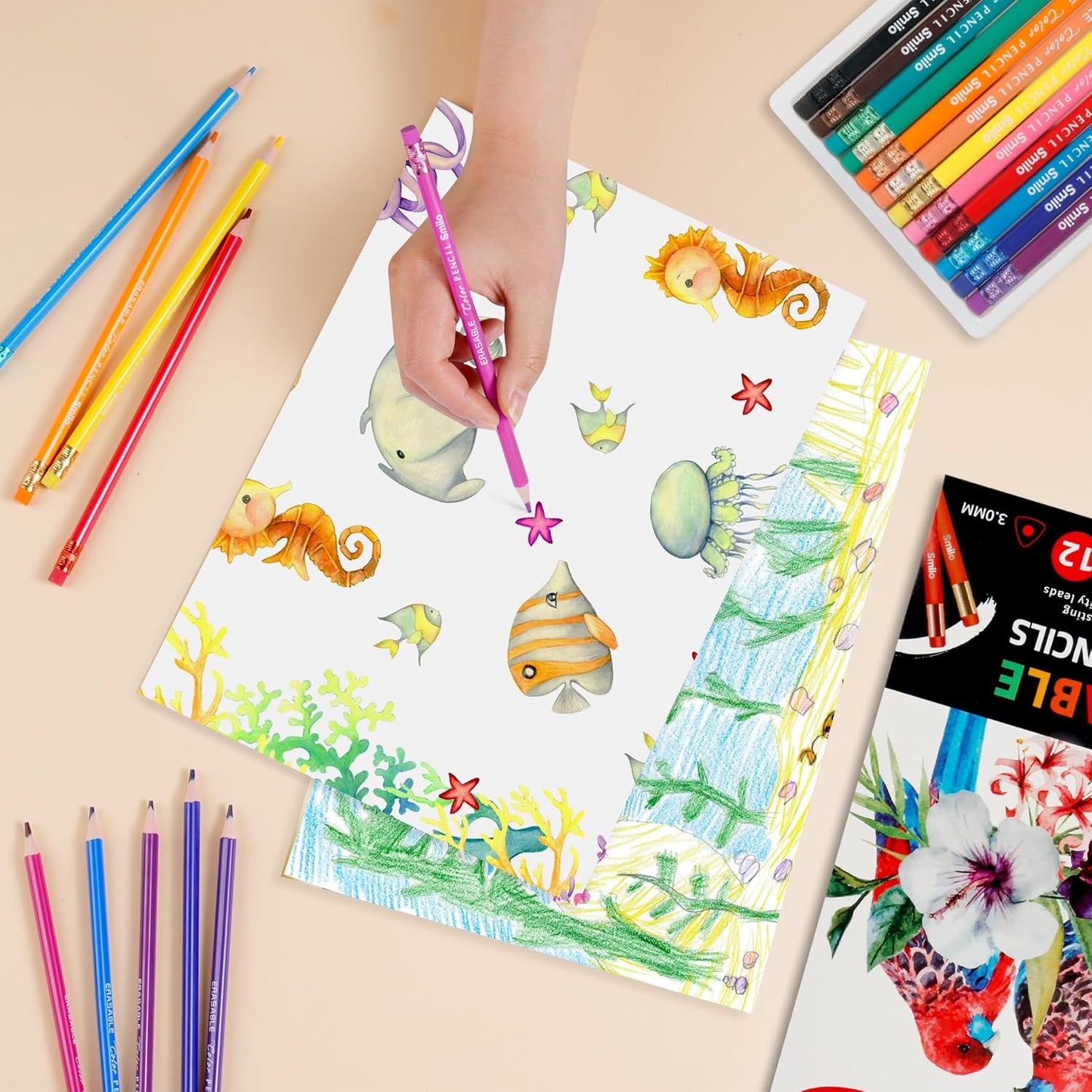 Smilo 12-Count Erasable Colored Pencils with Erasers - Vibrant & Smooth Colors for Drawing, Coloring Books, School Art Projects - Premium Art Supplies for Kids, Adults & DIY Crafts