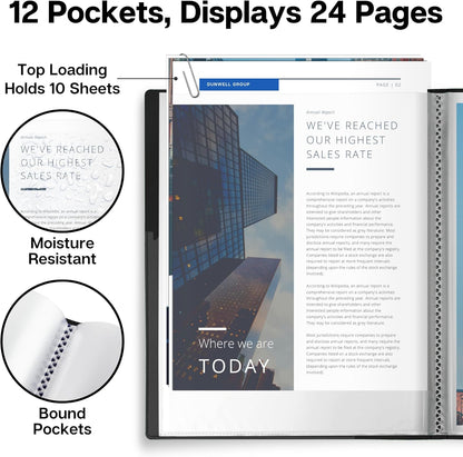 Dunwell Presentation Binder 12-Pocket, Displays 24 Pages, 8.5x11 Portfolio Binder with Plastic Sleeves, Storage and Organizer for Documents, Certificates, Projects, Photos (Black)