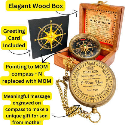 Gift for Son from Mom Dad | Engraved Compass 2" - Father to Son Gifts, Mom to Son Gifts for Graduation 2025, Birthday Baptism Confirmation Communion