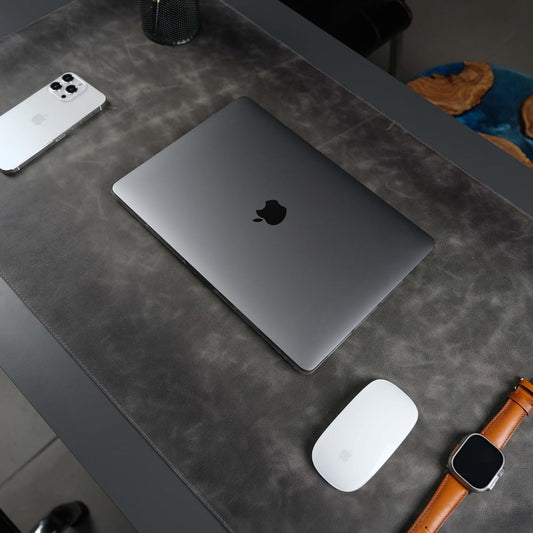 Jersey Genuine Calfskin Leather Desk Pad, Office Desk Mat with Non-Slip Bottom, Smooth Surface for Mouse & Keyboard, Desk Protector (14.6x31.5 inches) (Gray)