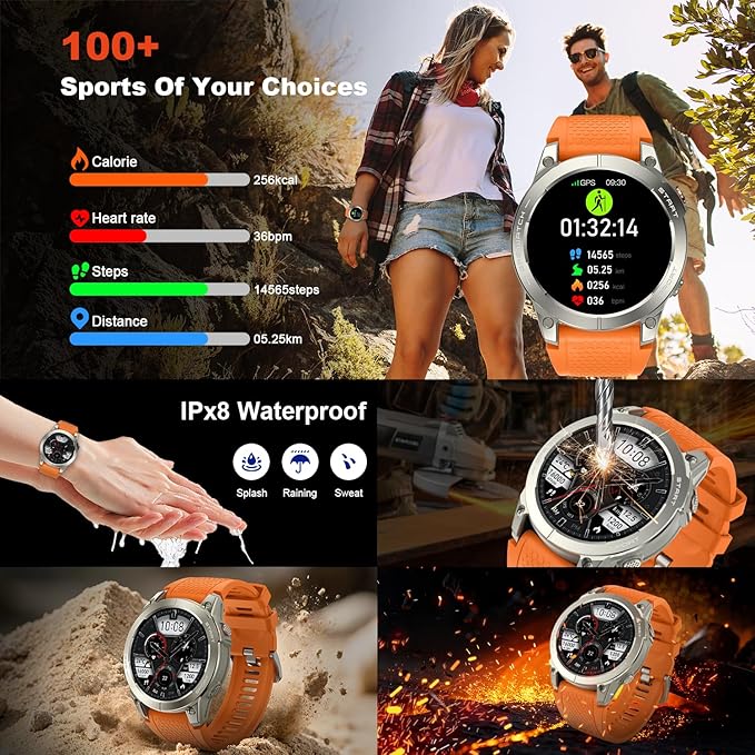 Smart Watch for Men GPS Fitness: 1.43" AMOLED Military Make Answer Call Running Digital Mens Watches Waterproof Smartwatch Android Phone iPhone Samsung Compatible Step Tracker SpO2 Heart Rate Monitor