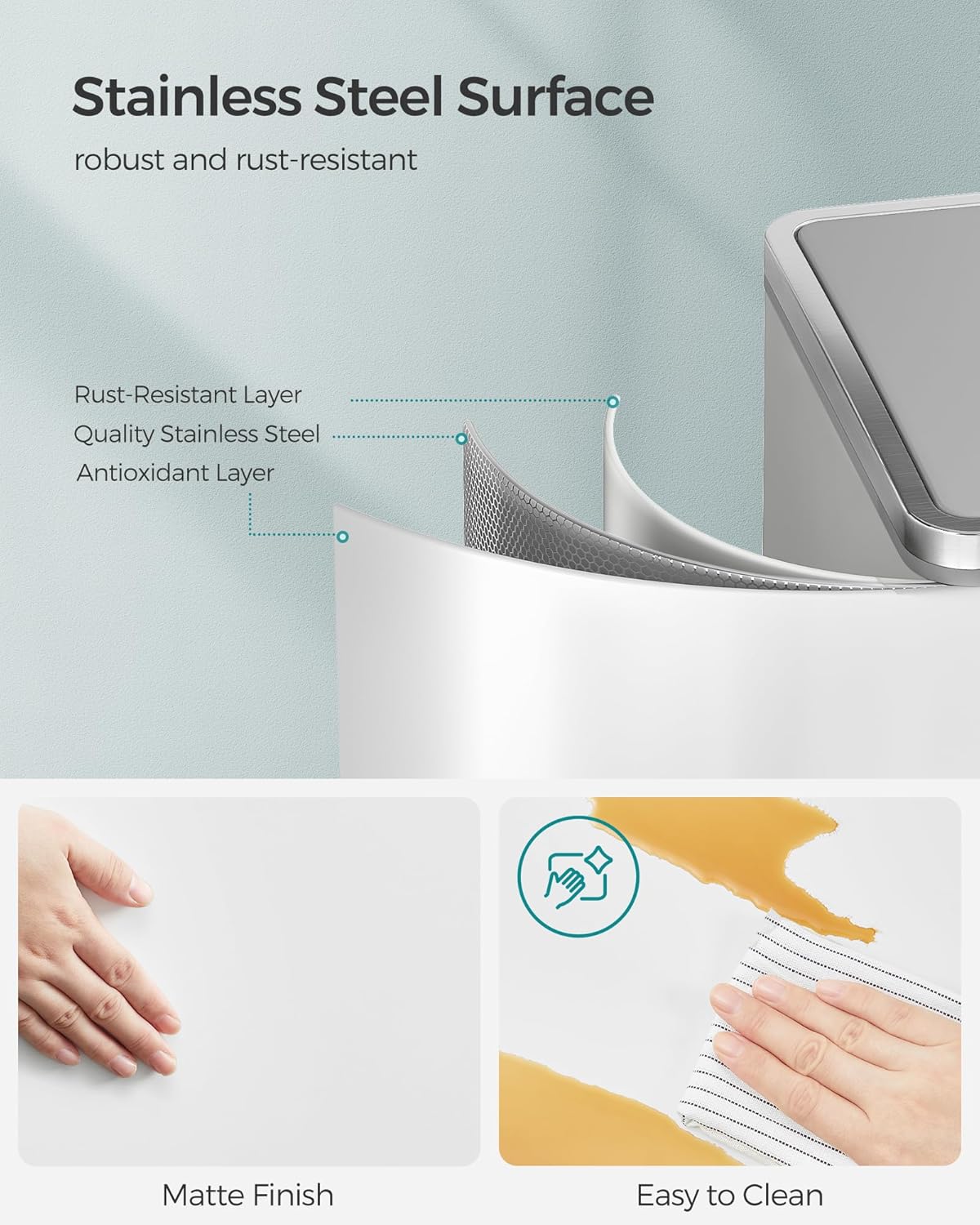 SONGMICS Trash Can, 2 x 8 Gallon (2 x 30 L) Garbage Can for Kitchen, with 15 Trash Bags, 2 Compartments, Plastic Inner Buckets and Hinged Lids, Airtight, White and Gray ULTB60WT