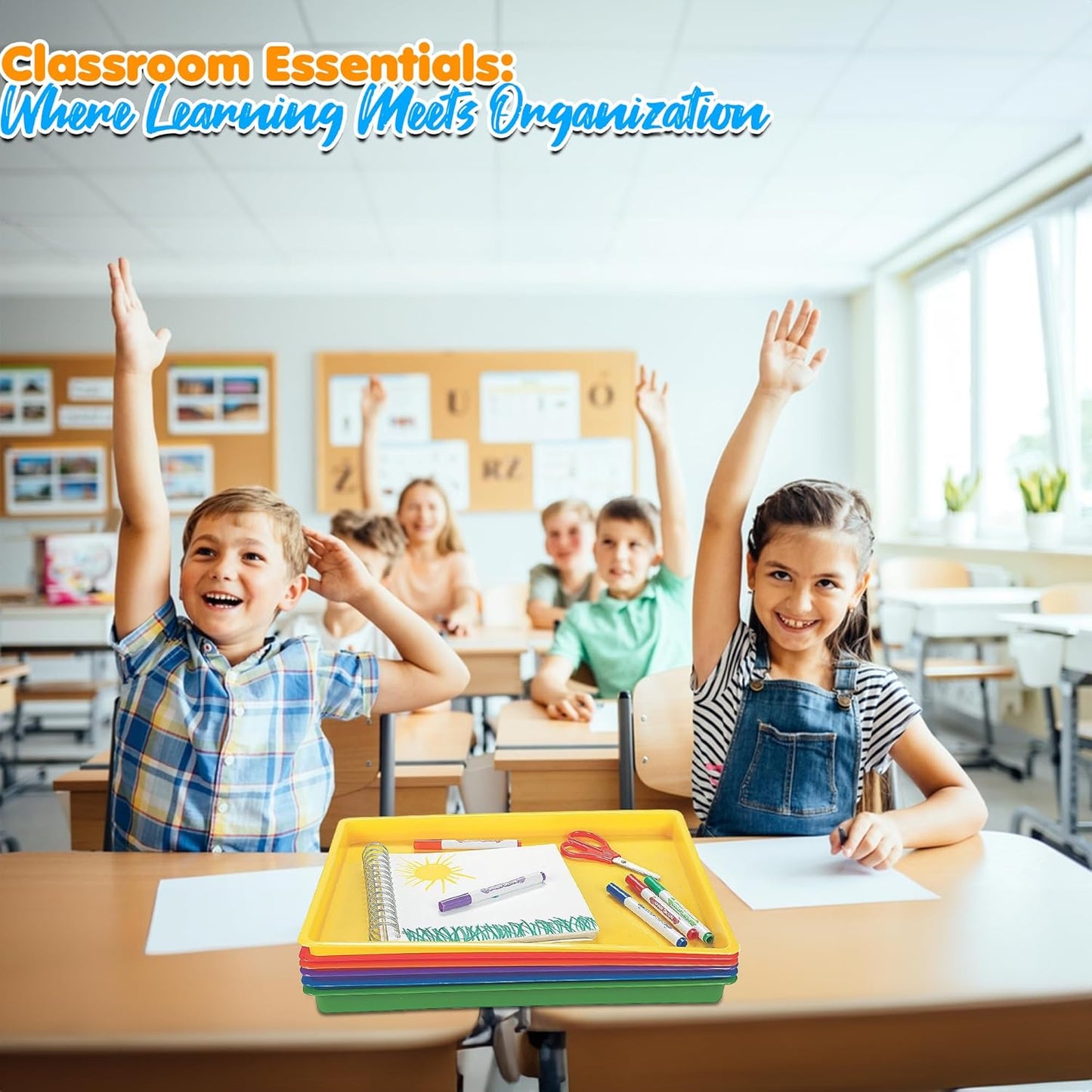 Fun Express Flat Plastic Tray - Plastic Trays for Engaging Art and Play - Long-Lasting Educational Trays for Active Kids - Great for School - Red, Yellow, Orange, Green, Blue, Purple (Set of 6)