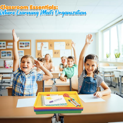 Fun Express Flat Plastic Tray - Plastic Trays for Engaging Art and Play - Long-Lasting Educational Trays for Active Kids - Great for School - Red, Yellow, Orange, Green, Blue, Purple (Set of 6)