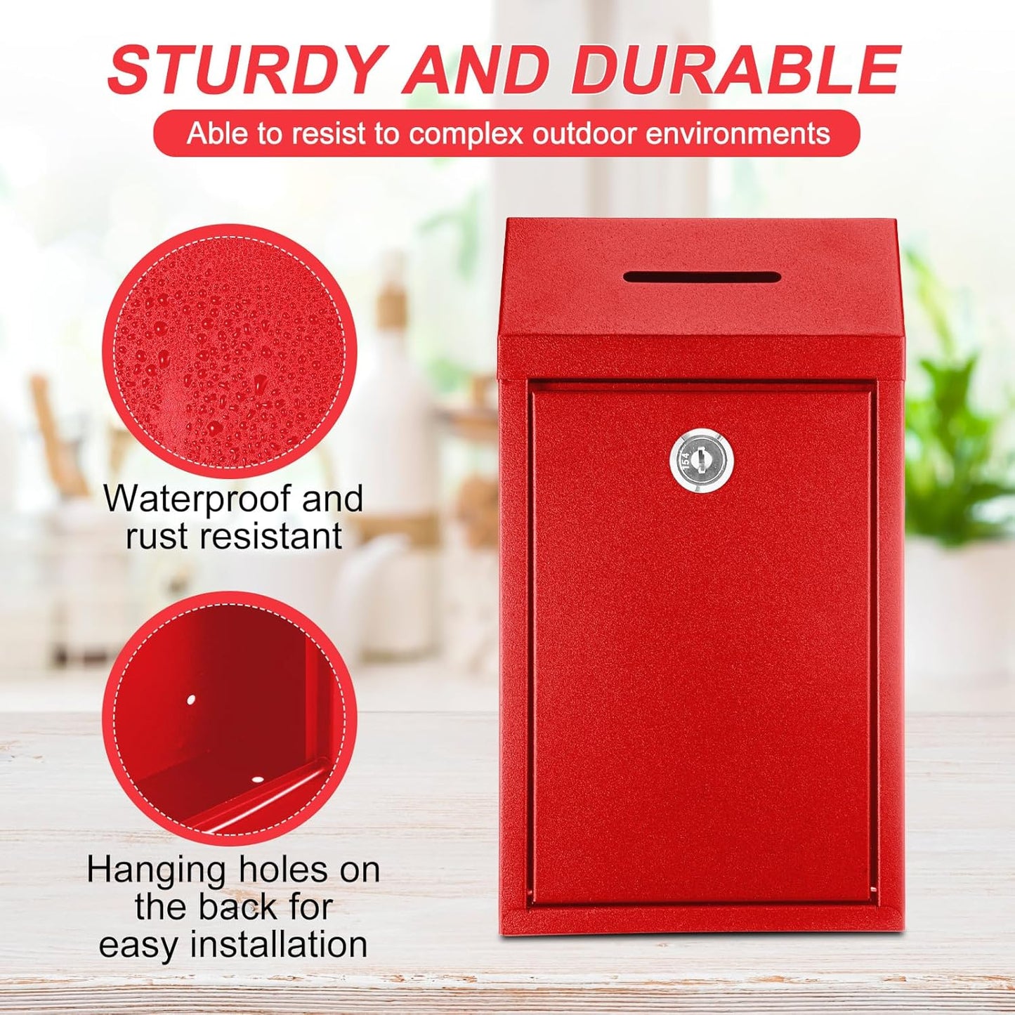 Metal Donation Cash Box Collection Safe Suggestion Box with Lock Wall Mounted Mailbox Delivery Ballot Container for Home Office Outdoor Door(Red)