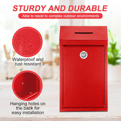 Metal Donation Cash Box Collection Safe Suggestion Box with Lock Wall Mounted Mailbox Delivery Ballot Container for Home Office Outdoor Door(Red)