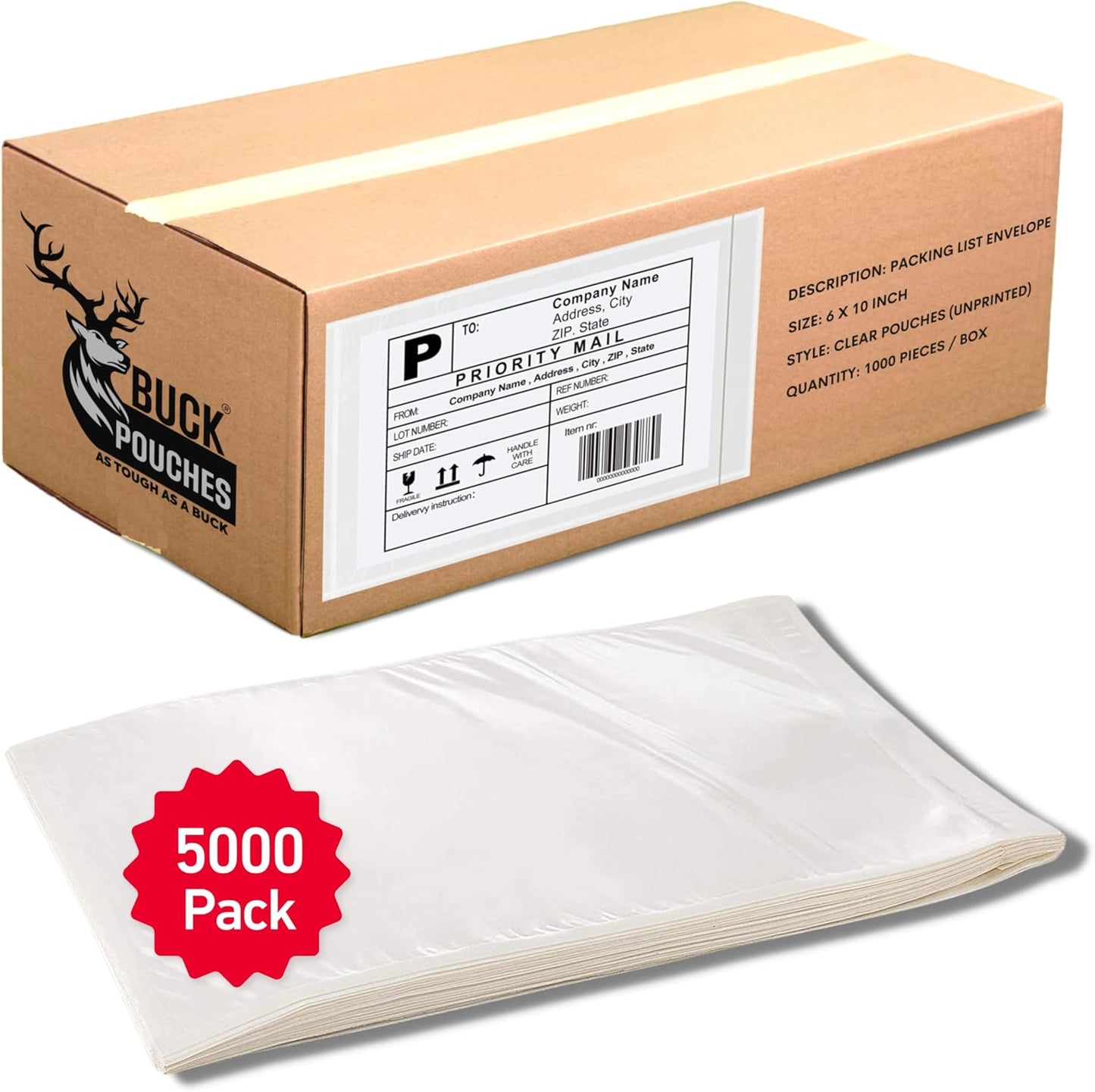 5000 Pack 6"x10" Shipping Label Sleeves – Clear Self-Adhesive Packing Slip Pouches, Waterproof Packing List Envelopes – Ideal for Shipping Documents, Mailing Labels, Invoices & Packing Slips