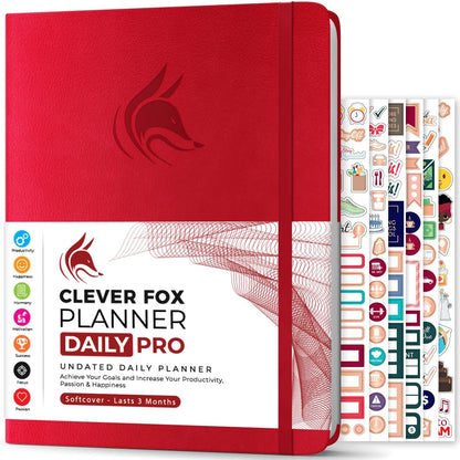 Clever Fox Planner Daily PRO - 8.5 x 11" A4 Size Daily Life Planner and Gratitude Journal to Increase Productivity, Time Management and Hit Your Goals - Undated - Lasts 3 Months (Red)