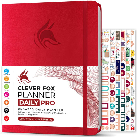 Clever Fox Planner Daily PRO - 8.5 x 11" A4 Size Daily Life Planner and Gratitude Journal to Increase Productivity, Time Management and Hit Your Goals - Undated - Lasts 3 Months (Red)