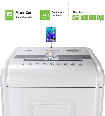 Aurora Heavy Duty High Security 16-Sheet Micro-Cut Shredder/Anti-Jam/60 Min Run Time/ 7-Gallon Pullout Basket and Casters, AU1680MA