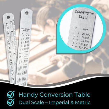 NOKKO Metal Ruler 12 Inch - Pack of 10 - Measuring Set of 12-Inch / 30 cm Stainless Steel Rulers with Imperial & Metric Measurements & Conversion Table - Metal Straight Edge Ruler for Cutting