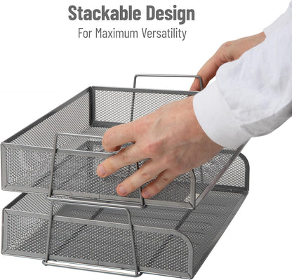Mind Reader Stackable Paper Tray, Desktop Organizer, File Storage, Office, Metal Mesh, 13.25" L x 9.75" W x 6.25" H, 2 Pcs., Silver