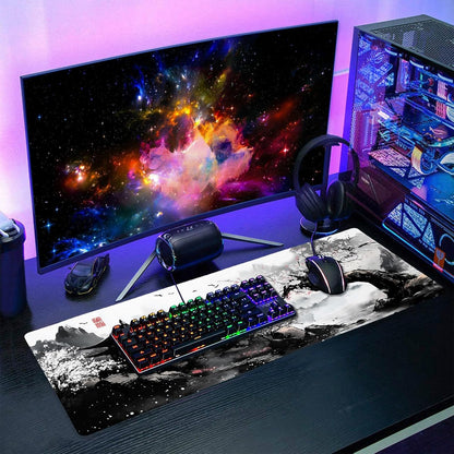 Black Whtie Japanese Gaming Mouse Pad XL Anime Sakura Cherry Blossom Tree Extended Large Mat Mousepad Desk Pad Non-Slip Rubber Base Stitched Edge Long Keyboard Pad for Computer,31.5×11.8 Inch