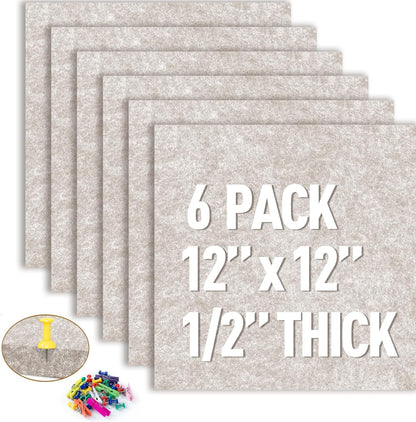 AKTOP Cork Bulletin Board 12x12, 1/2" Thick Felt Cork Board Tiles 6 Pack, Small Square Pin Board for Wall, Self Adhesive Corkboards with 60 Push Pin Wood Clips for School, Home & Office, Latte