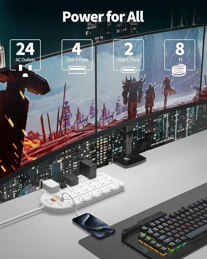 Power Strip Surge Protector (3,400 Joules), DEPOW 24 AC Multiple Outlets (1875W/15A) with 6 USBs (2 USB-C Ports), 8 Ft Long Heavy Duty Extension Cord, Flat Plug, Wall Mount for Home, Office, White