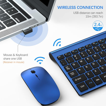 TopMate Wireless Keyboard and Mouse Ultra Slim Combo, 2.4G Silent Compact USB Mouse and Scissor Switch Keyboard Set with Cover, 2 AA and 2 AAA Batteries, for PC/Laptop/Windows/Mac - Blue Black