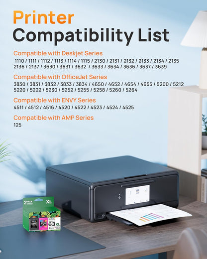 63XL Ink Cartridges Black and Color Remanufactured Replacement for HP Ink 63 for HP 63XL Ink Cartridges Combo Pack Work for HP Officejet 4650 3830 3833 5255 5258 Envy 4520 Deskjet 1112 3637 (2 Pack)