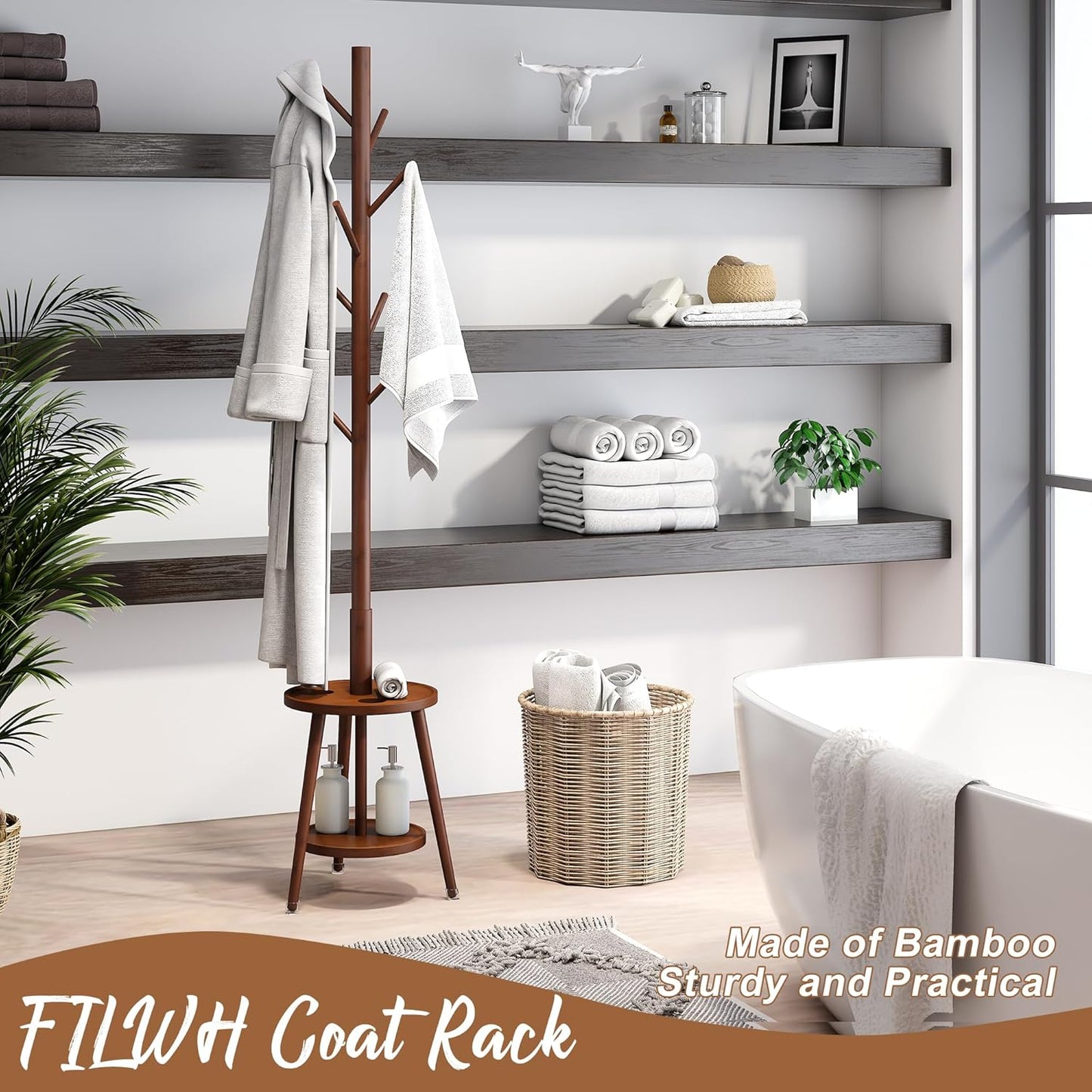 FILWH Freestanding Coat Rack with Umbrella Organizer Tray Bamboo Coat Tree Rack with 8 Hook Stand for Clothes Bag Hats Entryway Hanger Stand(Brown)