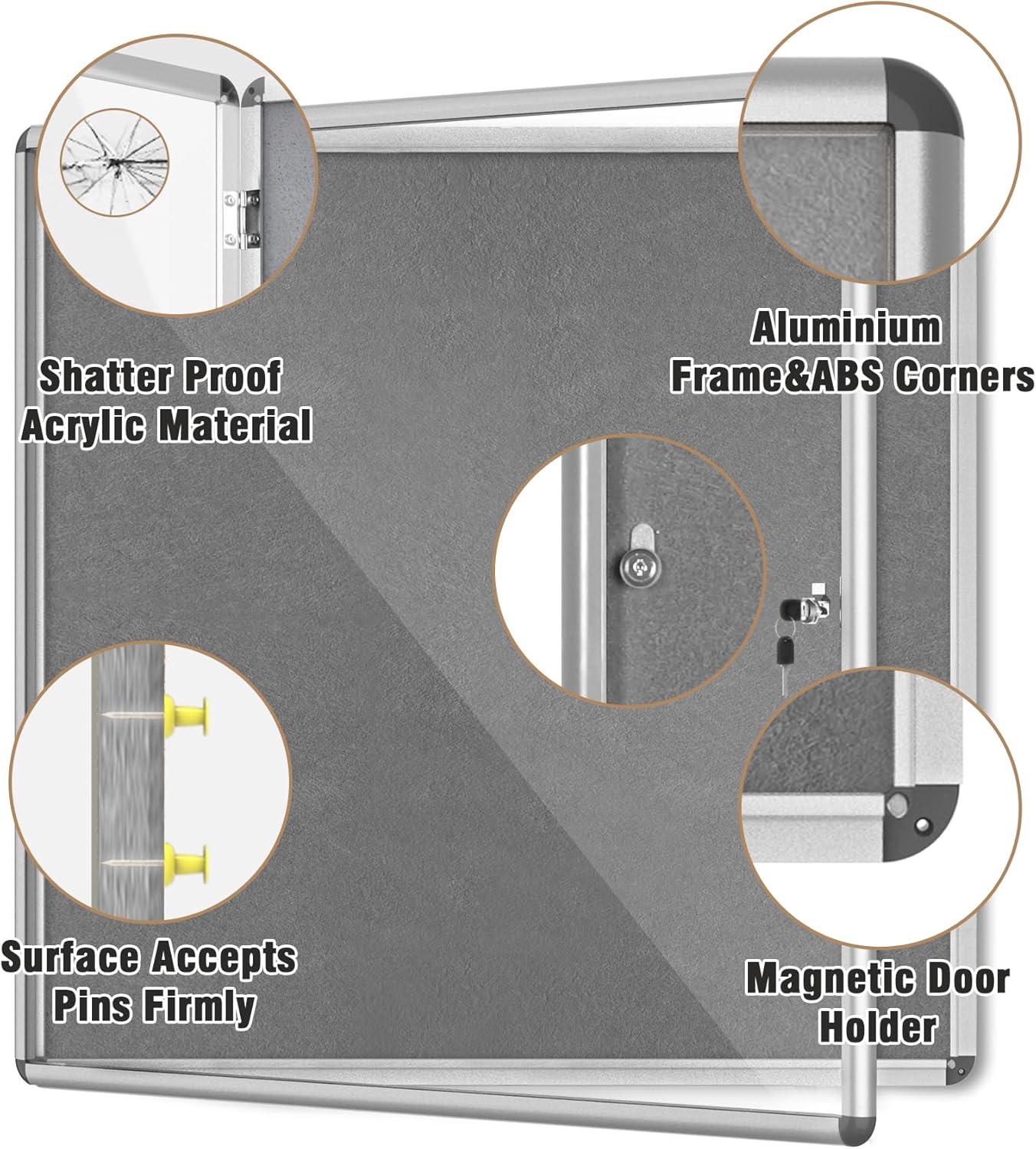 38"x38" Enclosed Bulletin Board, Lockable Weather-Resistant Aluminum Cork Noticeboard for School & Office, Silver Frame w/Grey Flet