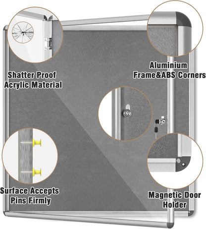 38"x38" Enclosed Bulletin Board, Lockable Weather-Resistant Aluminum Cork Noticeboard for School & Office, Silver Frame w/Grey Flet