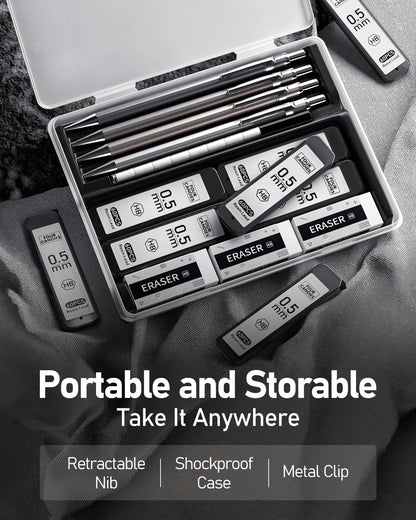 Four Candies 0.5mm Mechanical Pencil Set with Case - 4PCS Metal Mechanical Pencils, 8 Tubes HB #2 Lead Refills, 3PCS 4B Erasers and 9PCS Eraser Refills, Lead Mechanical Pencils for Writing & Drawing