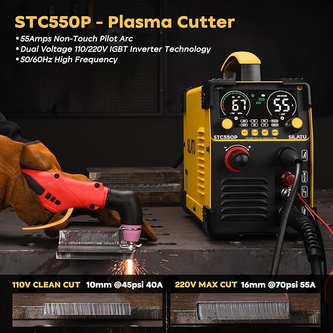 SILATU 55Amps Plasma Cutter, STC550P HF Non-Touch Pilot Arc Plasma Cutter Machine, 110/220V Dual Voltage LED Display Air Sensor Technology, 1/2'' Clean Cut 3/5'' Max Cut, PT/2T/4T for Beginners DIY