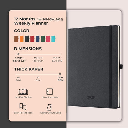 IN-LUXPRO Weekly Monthly 2026 Planner (Jan.26-Dec.26),11.5"x8.5",12 Months Agenda Plan with Month Tabs & Pocket,Expenses/Note Pages, Appointment Book Calendar with Hardcover Vegan Leather Cover,Black