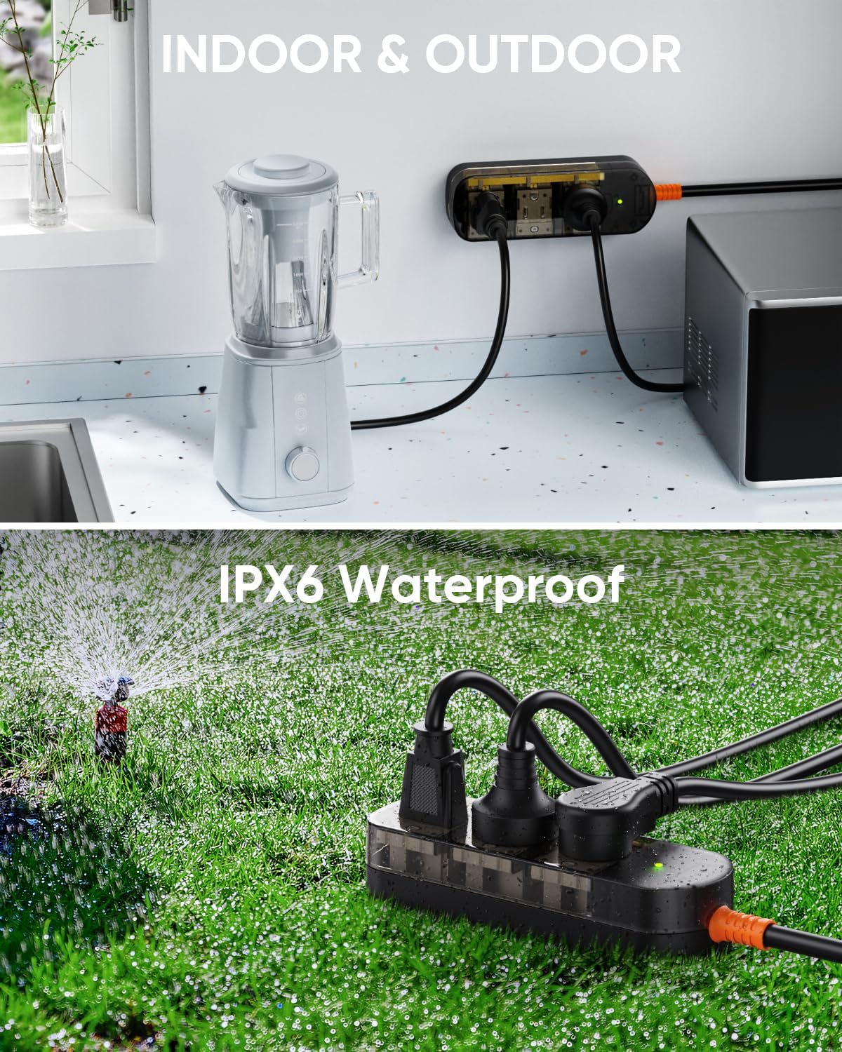 IPX6 Outdoor Power Strip Weatherproof, Surge Protector with 6FT Extension Cord 3 Outlets, Waterproof Power Strip 1875W Overload Protection for Kitchen Patio Christmas Lights, Clear Black