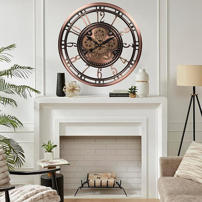 CLXEAST 28 Inch Oversized Large Moving Gear Wall Clock for Living Room Decor,Modern Farmhouse Decorative Wall Clocks Battery Operated,Rose Gold,House Warming Gifts New Home