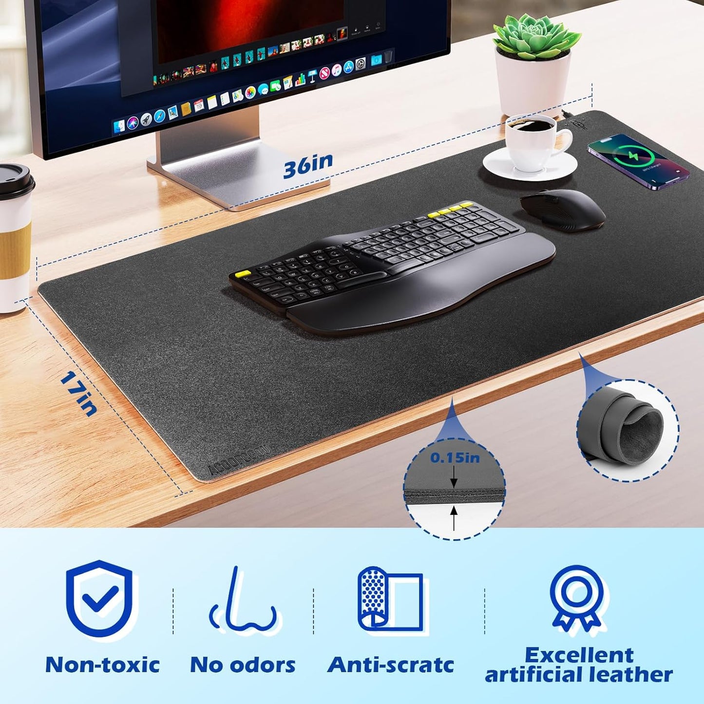 Wireless Charging Desk Mat with Desk Pad for Desktop Charging Large Mouse Pad Waterproof Leather Computer Mat Mouse Pad Non-Slip Protector on Top of Desks for Keyboard and Mouse (black-r, 36*17inch)